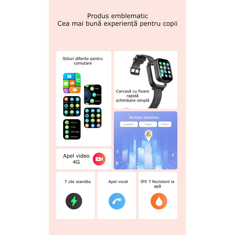 Laptop, Telefoane si Tablete - Wearables si gadgeturi - Wearables - Smartwatch-uri - Smartwatch Copii 4G cu SIM GBV LOGIC, Apel Video, localizare GPS, Control Parental,buton SOS, Functii de Siguranta - Infinity.ro