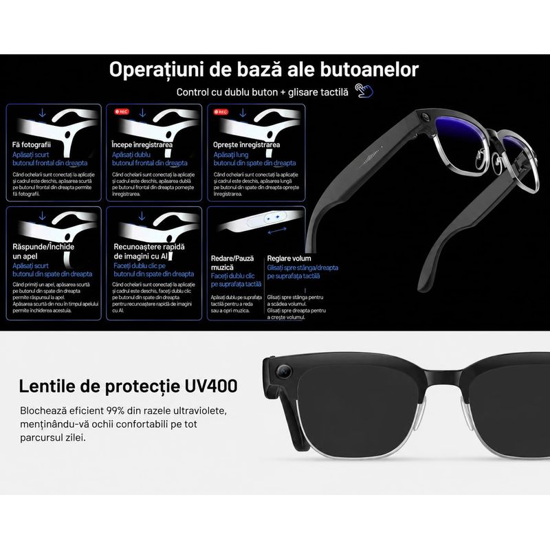 Fashion, accesorii si bijuterii - Barbati - Accesorii barbati - Ochelari de soare barbati - Ochelari Inteligenti AI GBV Logic,Camera Sony 8MP Full HD 1080P, Lentile heliomate,Difuzor si microfon incorporat - Infinity.ro