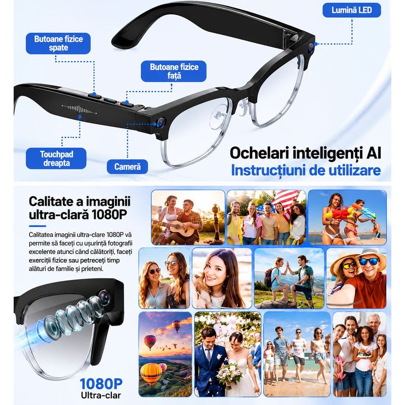 Fashion, accesorii si bijuterii - Barbati - Accesorii barbati - Ochelari de soare barbati - Ochelari Inteligenti AI GBV Logic,Camera Sony 8MP Full HD 1080P, Lentile heliomate,Difuzor si microfon incorporat - Infinity.ro