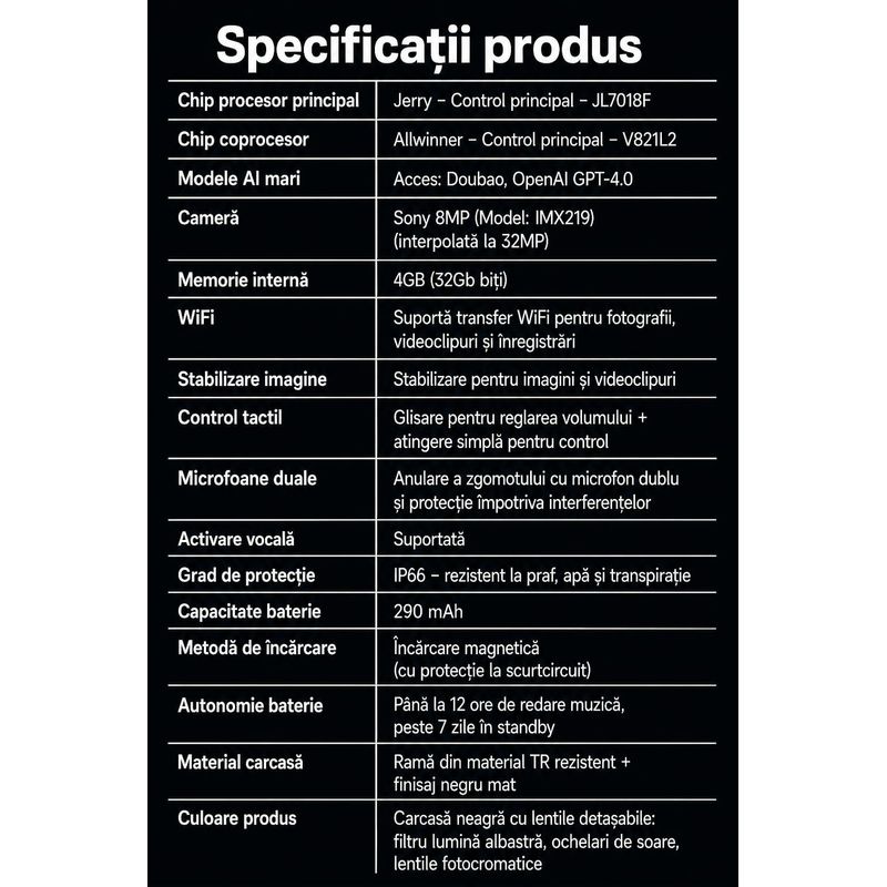 Fashion, accesorii si bijuterii - Barbati - Accesorii barbati - Ochelari de soare barbati - Ochelari Inteligenti AI GBV Logic,Camera Sony 8MP Full HD 1080P, Lentile heliomate,Difuzor si microfon incorporat - Infinity.ro