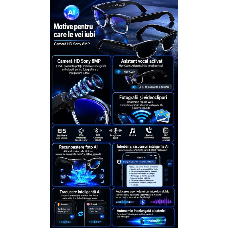 Fashion, accesorii si bijuterii - Barbati - Accesorii barbati - Ochelari de soare barbati - Ochelari Inteligenti AI GBV Logic,Camera Sony 8MP Full HD 1080P, Lentile heliomate,Difuzor si microfon incorporat - Infinity.ro