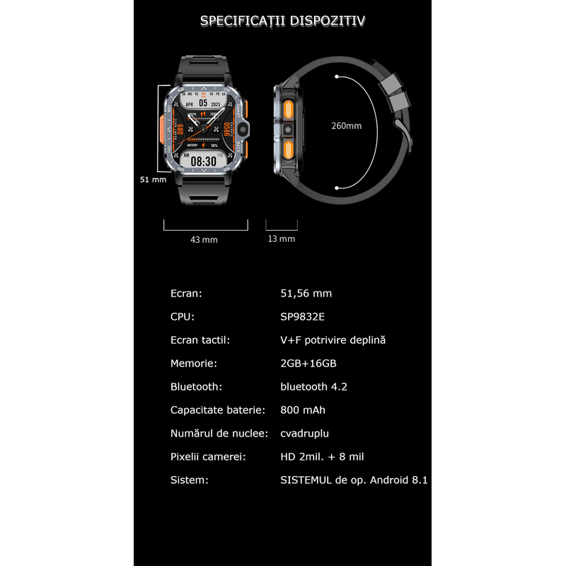Laptop, Telefoane si Tablete - Wearables si gadgeturi - Wearables - Smartwatch-uri - Smartwatch Android GBV Logic 16GB,  Independent cu SIM, 4G/5G, GPS,  WiFi, 2 camere 2MP+8MP, Apel Video, Ecran HD - Infinity.ro