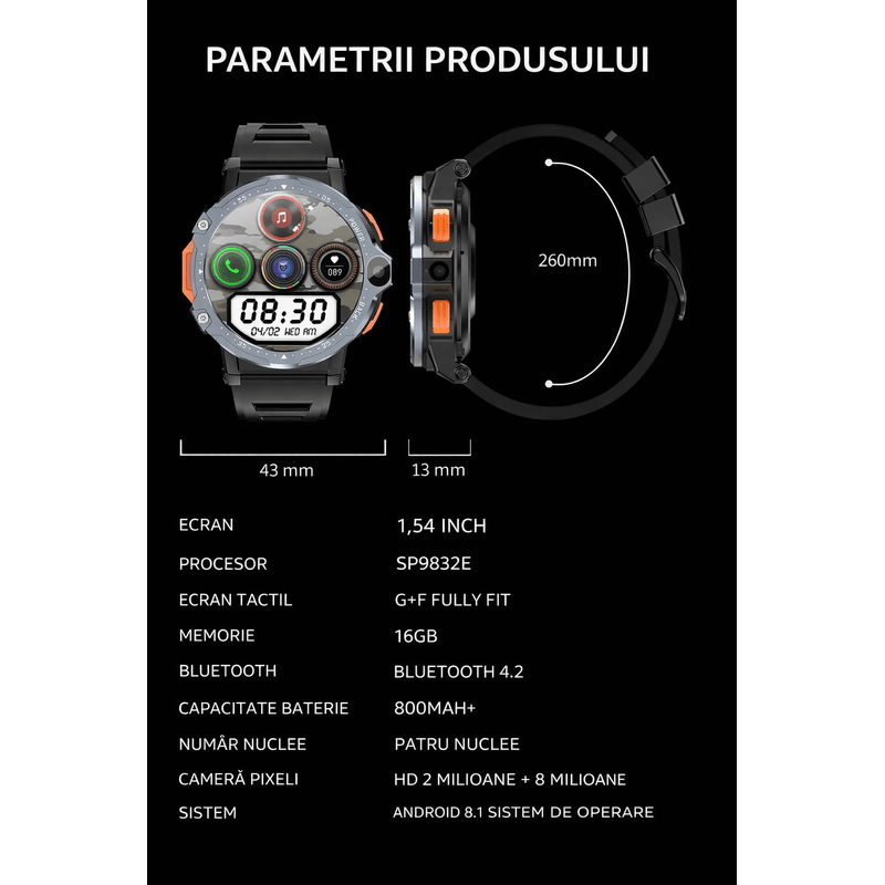 Laptop, Telefoane si Tablete - Wearables si gadgeturi - Wearables - Smartwatch-uri - Smartwatch Android 4G cu SIM GBV LOGIC PG999, 16GB Memorie,Camera Duala,GPS,Apel Video,Ecran HD,800mAh, Rezistent la Apa - Infinity.ro