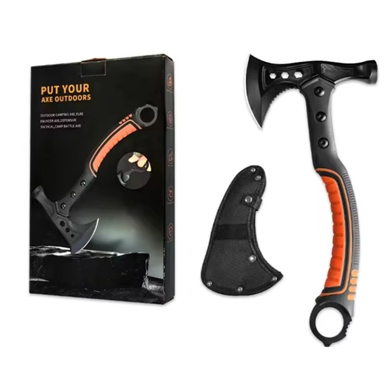 Sport si Outdoor - Sporturi de contact - Produse autoaparare - Set topor multifunctional camping cu ciocan, cutit de aruncat si spray autoaparare chili DEPOX®, otel inoxidabil, maner cauciucat, 33.5 cm/60 ml - Infinity.ro