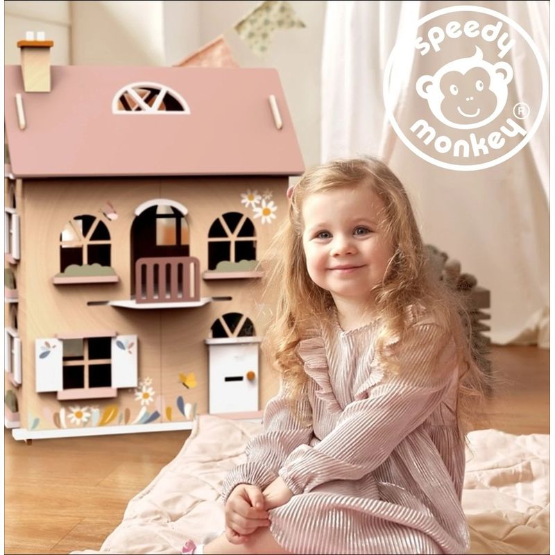 Jucarii, Copii si Bebe - Jucarii si jocuri - Papusi si accesorii - Casute de papusi si mobilier - Casa de papusi din lemn cu accesorii, Speedy Monkey - Infinity.ro
