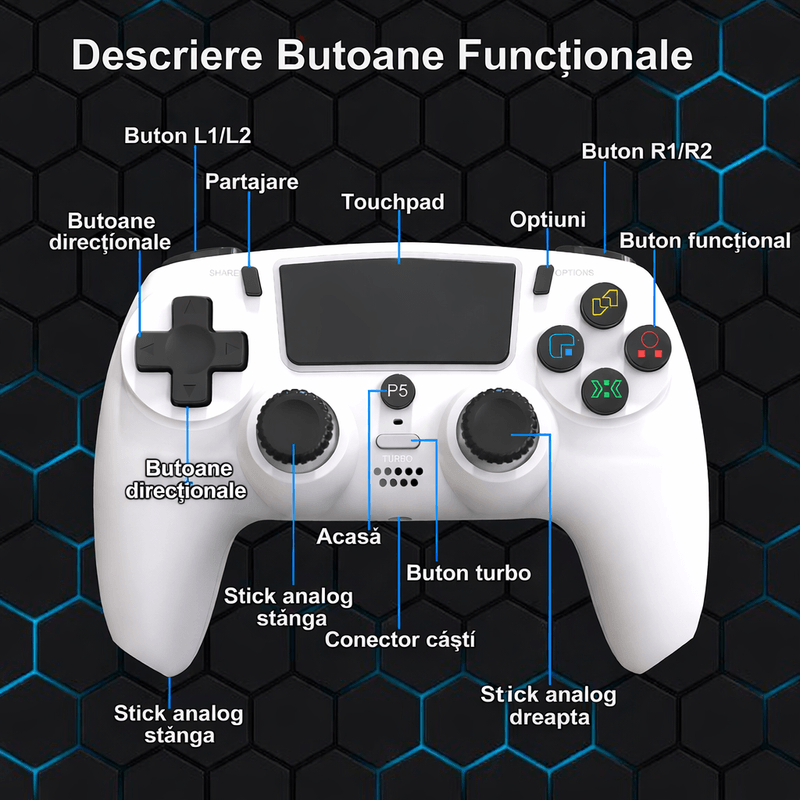 TV, Audio-Video si Foto - Audio profesionale - Controllere - Controller PS5 Wireless GBV Logic, Gamepad Gaming cu Vibratie Dubla, Functie Turbo, LED RGB, Compatibil PS5 si PC - Infinity.ro