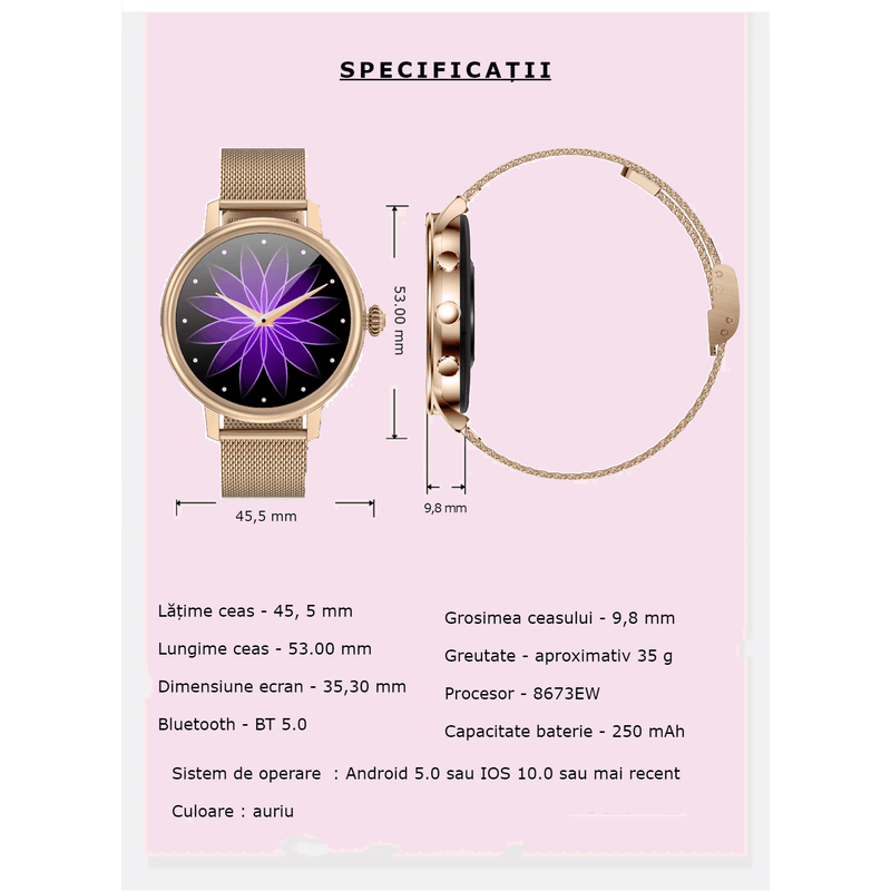 Laptop, Telefoane si Tablete - Wearables si gadgeturi - Wearables - Smartwatch-uri - Smartwatch Dama GBV LOGIC SW20 , Apel Bluetooth, Monitorizare Somn, Ritm Cardiac, Oxigen Sange, Notificari - Infinity.ro