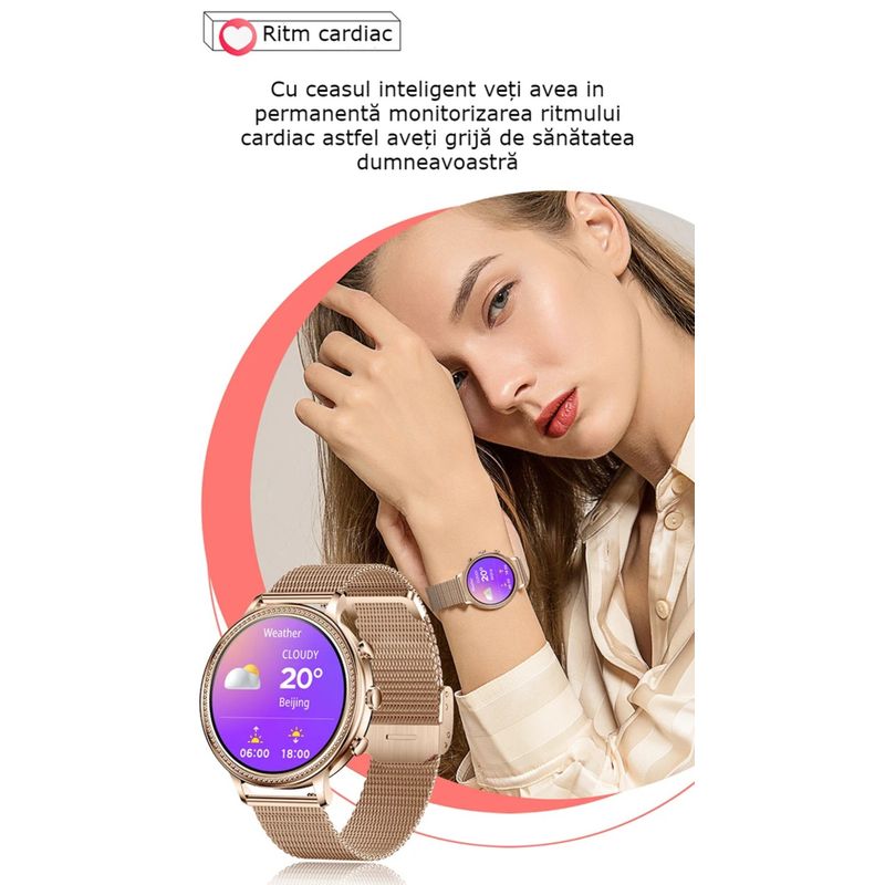 Laptop, Telefoane si Tablete - Wearables si gadgeturi - Wearables - Smartwatch-uri - Smartwatch Dama GBV LOGIC SW20 , Apel Bluetooth, Monitorizare Somn, Ritm Cardiac, Oxigen Sange, Notificari - Infinity.ro