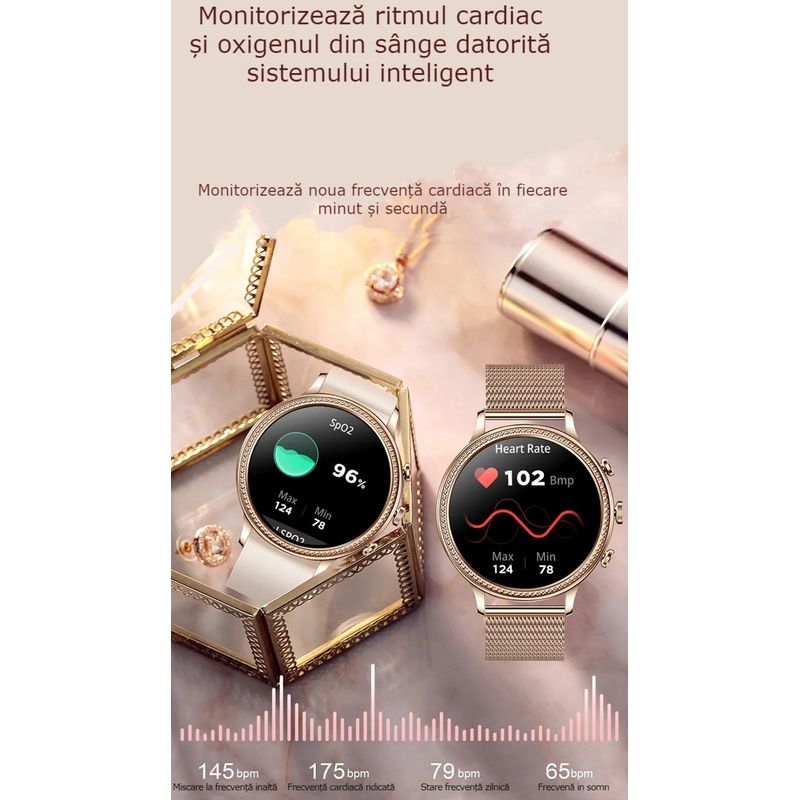 Laptop, Telefoane si Tablete - Wearables si gadgeturi - Wearables - Smartwatch-uri - Smartwatch Dama GBV LOGIC SW20 , Apel Bluetooth, Monitorizare Somn, Ritm Cardiac, Oxigen Sange, Notificari - Infinity.ro