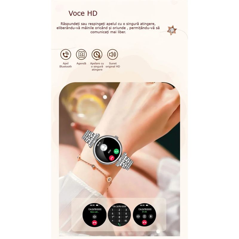 Laptop, Telefoane si Tablete - Wearables si gadgeturi - Wearables - Smartwatch-uri - Smartwatch Dama GBV Logic AK73, AMOLED 1.28 Inch, Apel Bluetooth, Monitorizare Puls, Oxigen Sange, Somn, 2 Curele - Infinity.ro