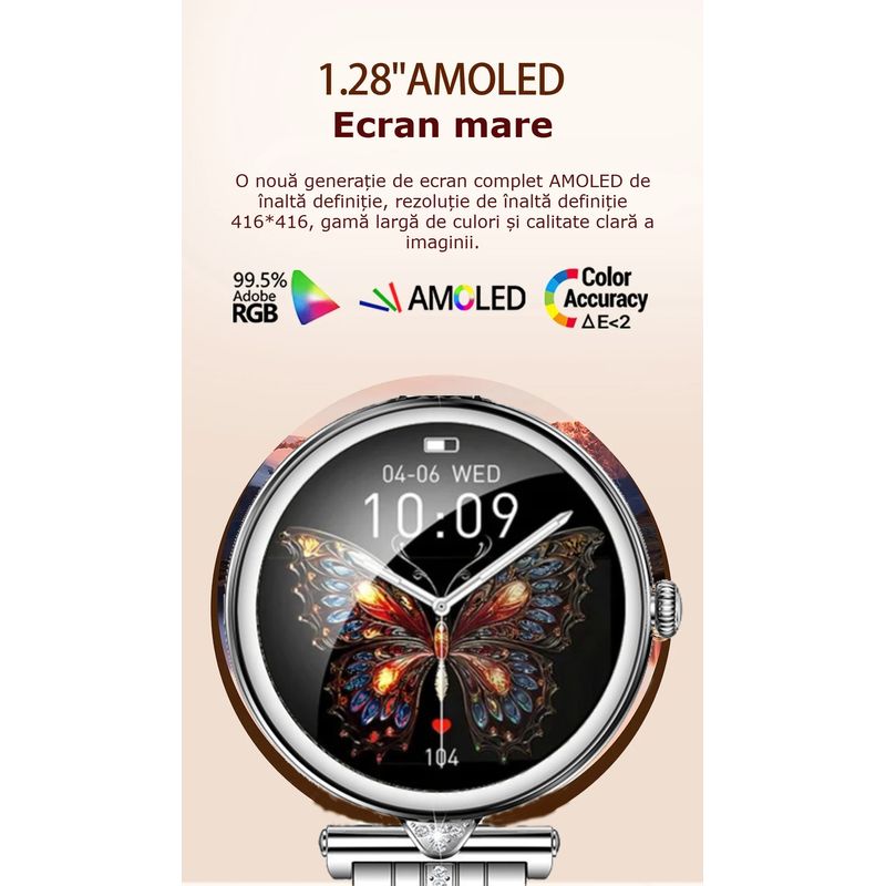 Laptop, Telefoane si Tablete - Wearables si gadgeturi - Wearables - Smartwatch-uri - Smartwatch Dama GBV Logic AK73, AMOLED 1.28 Inch, Apel Bluetooth, Monitorizare Puls, Oxigen Sange, Somn, 2 Curele - Infinity.ro