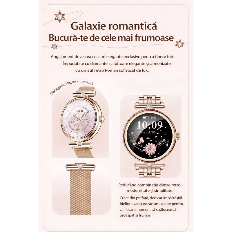 Laptop, Telefoane si Tablete - Wearables si gadgeturi - Wearables - Smartwatch-uri - Smartwatch Dama GBV Logic AK73, AMOLED 1.28 Inch, Apel Bluetooth, Monitorizare Puls, Oxigen Sange, Somn, 2 Curele - Infinity.ro