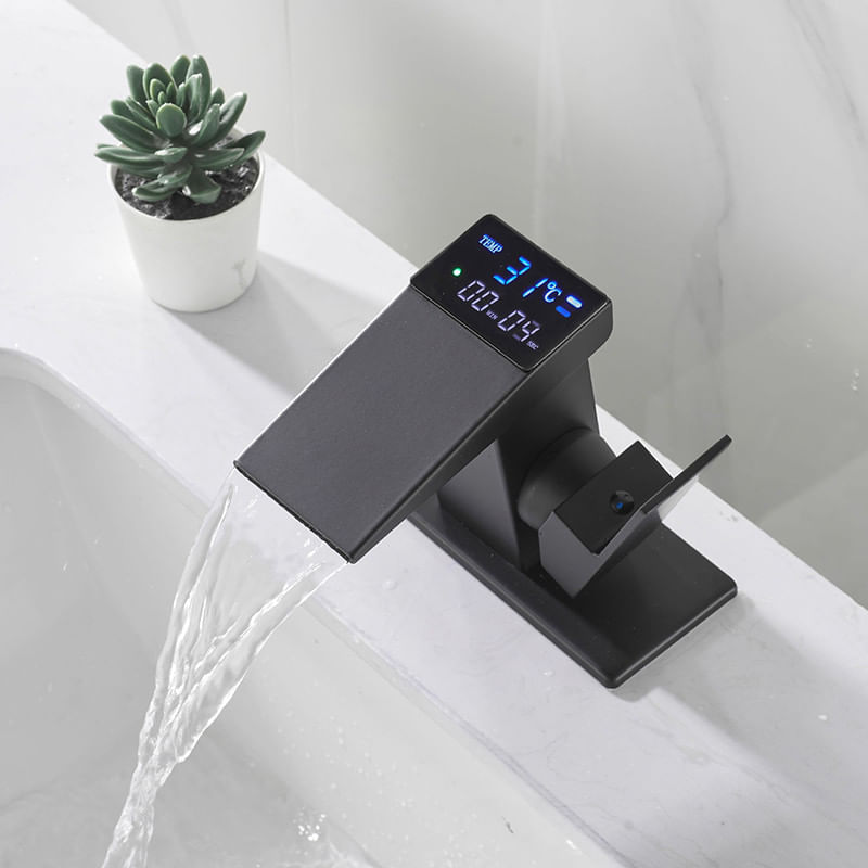 Casa si Gradina - Sanitare - Lavoar baie si accesorii - Baterii sanitare - Baterie chiuveta baie, Blackswan, Tip M292, model smart negru mat, cu display LCD, dimensiune 13 cm - Infinity.ro