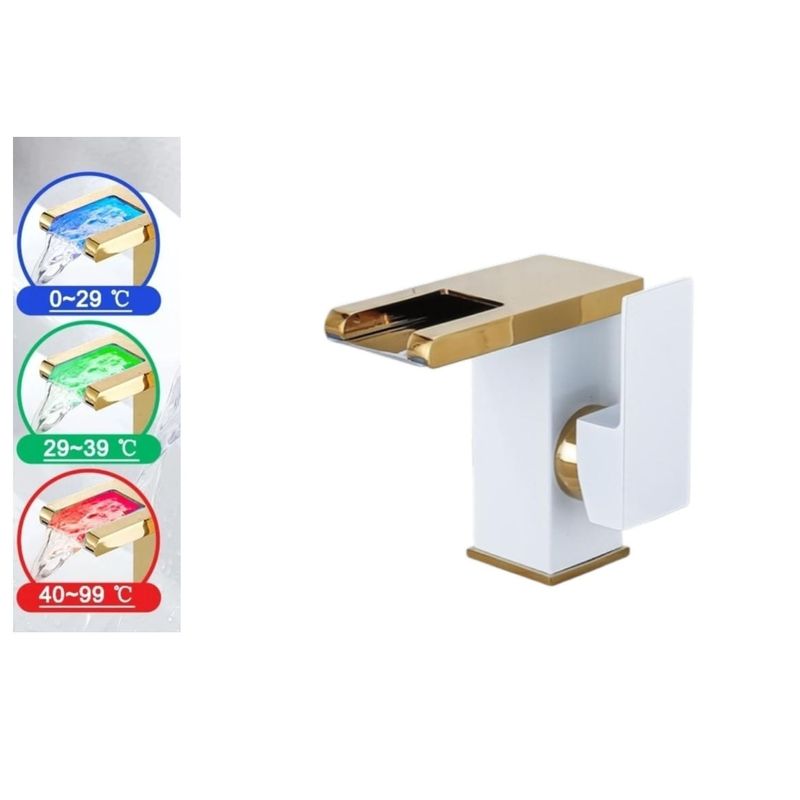 Casa si Gradina - Sanitare - Lavoar baie si accesorii - Baterii sanitare - Baterie chiuveta baie, Blackswan, Tip M243, model alb/ auriu scurt cu pipa tip cascada si LED, dimensiune 12.5 cm - Infinity.ro