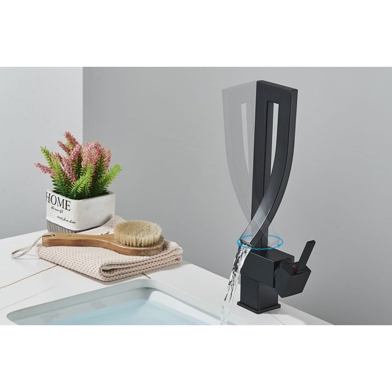 Casa si Gradina - Sanitare - Lavoar baie si accesorii - Baterii sanitare - Baterie chiuveta baie, Blackswan, Tip M296, model negru mat tip cascada, dimensiune 34 cm - Infinity.ro
