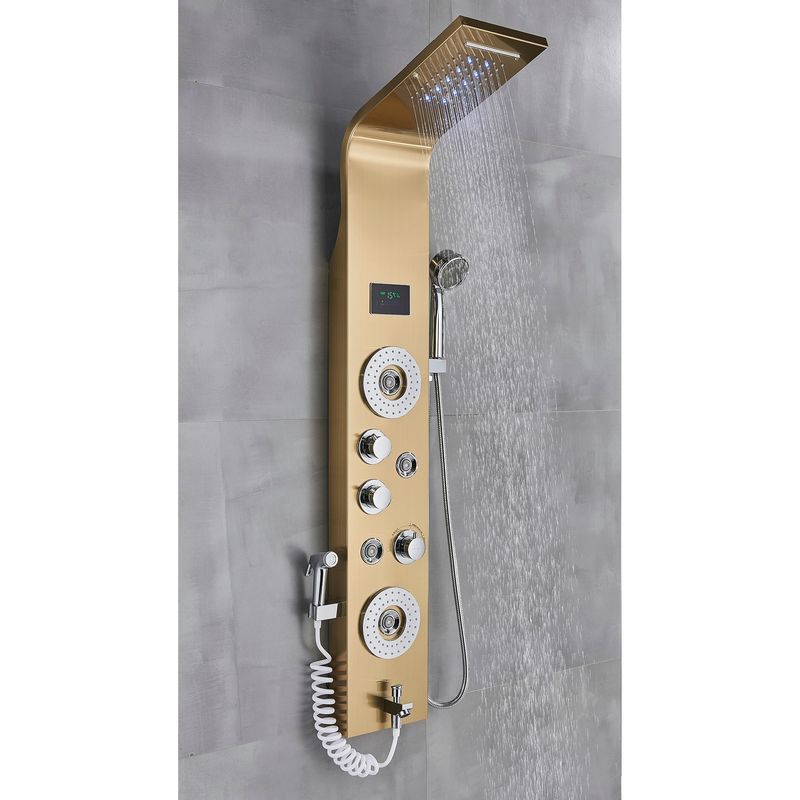 Casa si Gradina - Sanitare - Cazi si cabine de dus - Coloane si seturi de dus - Panel dus, Blackswan, Tip M8006, model auriu cu pipa, afisaj digital, LED si functii SPA, dus bideu, dimensiune 120 cm - Infinity.ro
