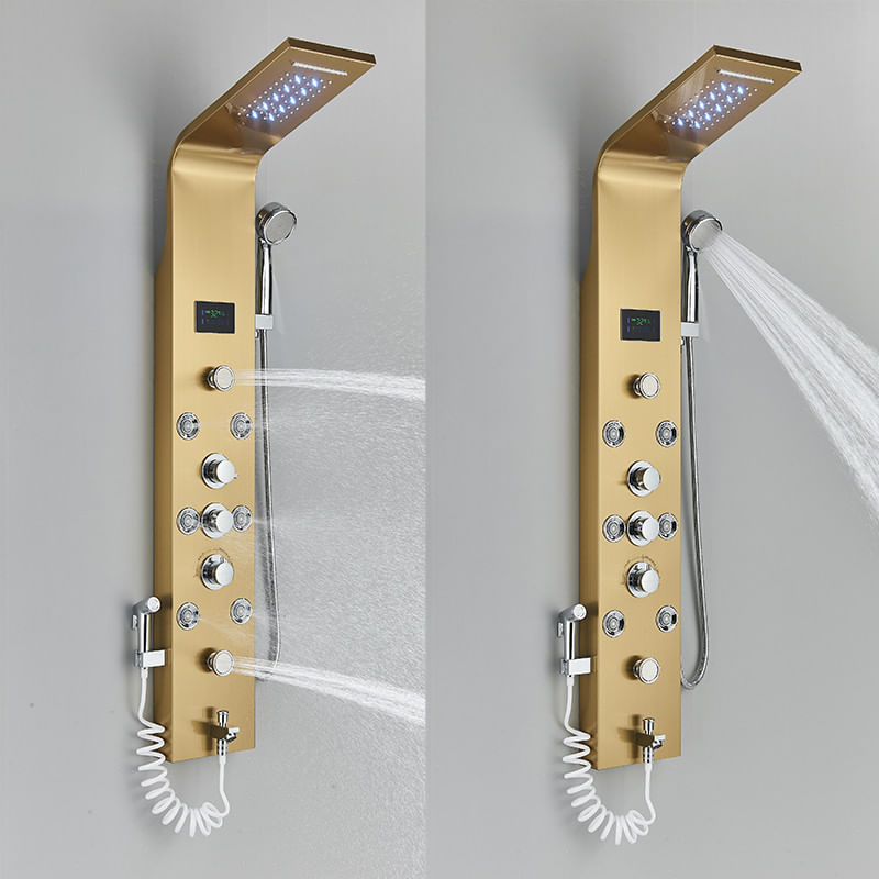 Casa si Gradina - Sanitare - Cazi si cabine de dus - Coloane si seturi de dus - Panel dus, Blackswan, Tip M8009, model auriu cu pipa, afisaj digital, dus bideu, LED si functii SPA, dimensiune 128 cm - Infinity.ro