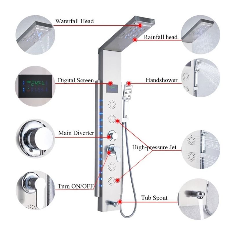 Casa si Gradina - Sanitare - Cazi si cabine de dus - Coloane si seturi de dus - Panel dus, Blackswan, Tip M8003, model nichel cu pipa, afisaj digital, LED si functii SPA, dimensiune 125 cm - Infinity.ro