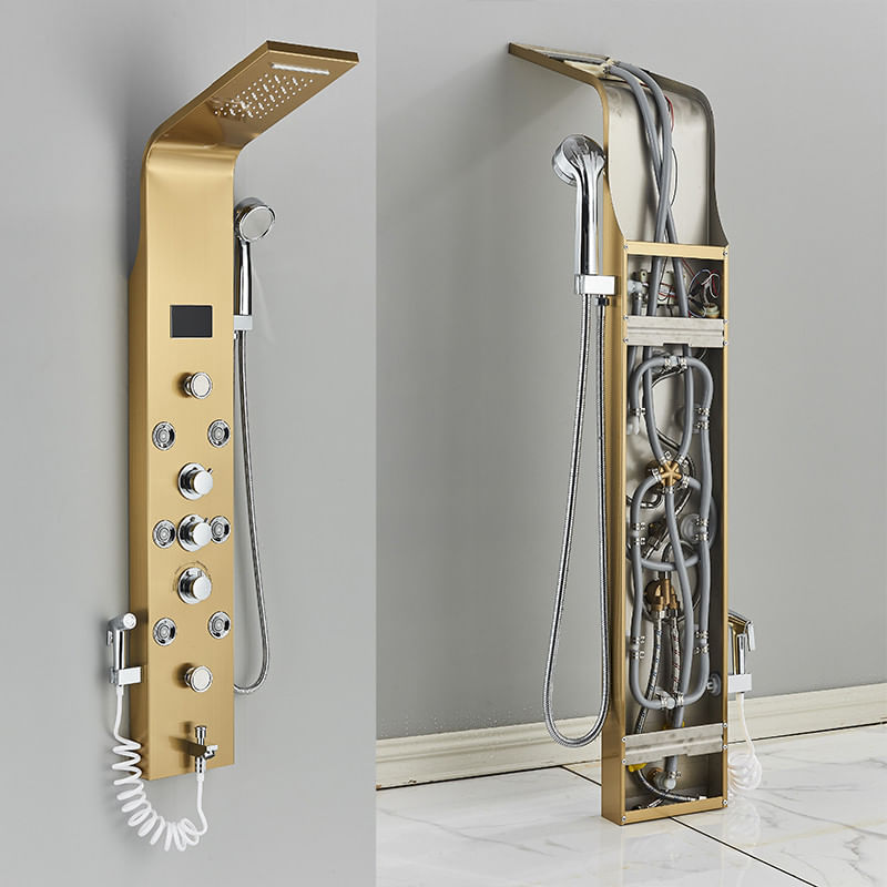 Casa si Gradina - Sanitare - Cazi si cabine de dus - Coloane si seturi de dus - Panel dus, Blackswan, Tip M8009, model auriu cu pipa, afisaj digital, dus bideu, LED si functii SPA, dimensiune 128 cm - Infinity.ro