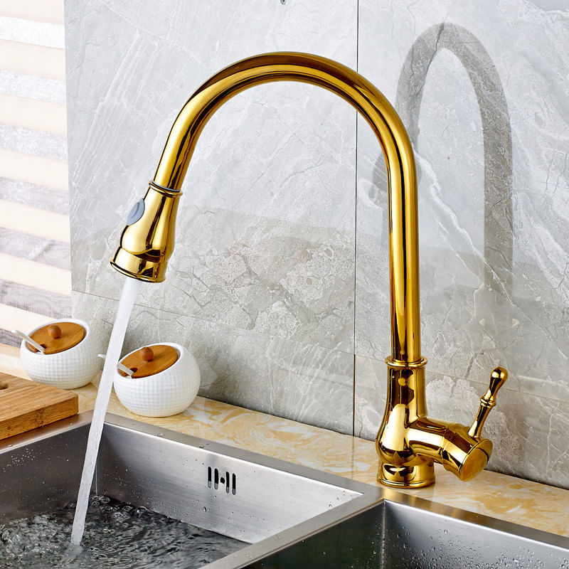 Casa si Gradina - Sanitare - Chiuveta bucatarie si accesorii - Baterii bucatarie - Baterie chiuveta bucatarie, Blackswan, Tip M205, cu doua moduri, model auriu, dimensiune 42 cm - Infinity.ro