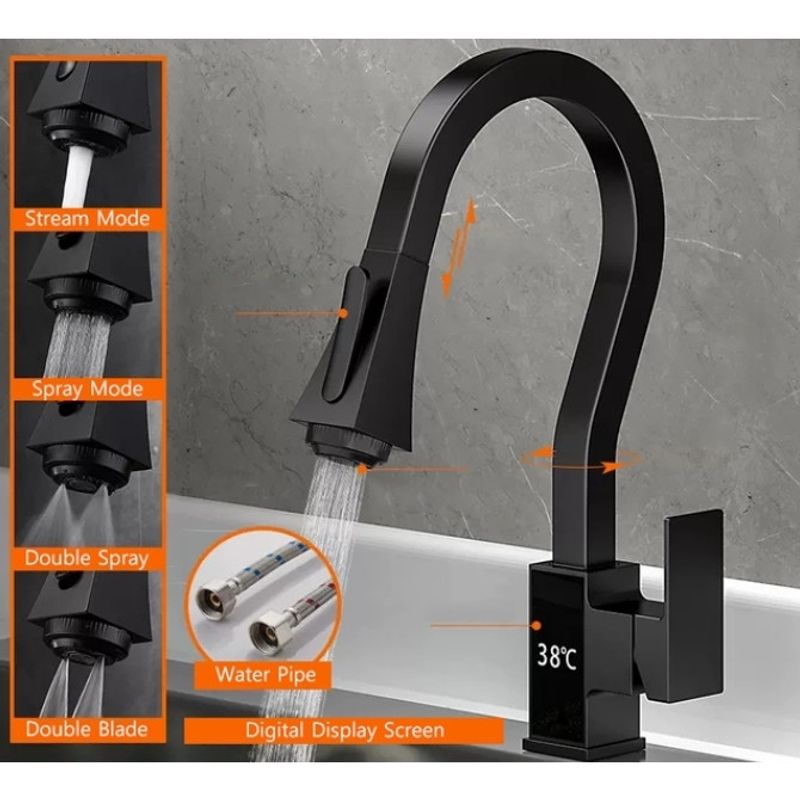 Casa si Gradina - Sanitare - Chiuveta bucatarie si accesorii - Baterii bucatarie - Baterie chiuveta bucatarie, Blackswan, Tip M315, model negru mat cu afisaj LCD si 4 moduri, dimensiune 45 cm - Infinity.ro