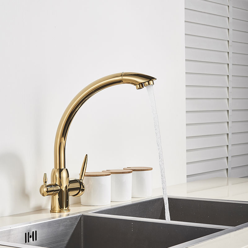Casa si Gradina - Sanitare - Chiuveta bucatarie si accesorii - Baterii bucatarie - Baterie chiuveta bucatarie, Blackswan, Tip M218, cu iesire pentru apa purificata, model auriu lucios, dimensiune 33.5 cm - Infinity.ro