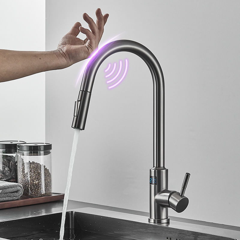 Casa si Gradina - Sanitare - Chiuveta bucatarie si accesorii - Baterii bucatarie - Baterie chiuveta bucatarie, Blackswan, Tip M279, cu senzor, afisaj LCD si 2 moduri, model gri antracit, dimensiune 44 cm - Infinity.ro