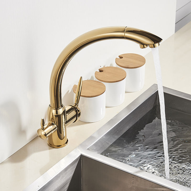 Casa si Gradina - Sanitare - Chiuveta bucatarie si accesorii - Baterii bucatarie - Baterie chiuveta bucatarie, Blackswan, Tip M218, cu iesire pentru apa purificata, model auriu lucios, dimensiune 33.5 cm - Infinity.ro