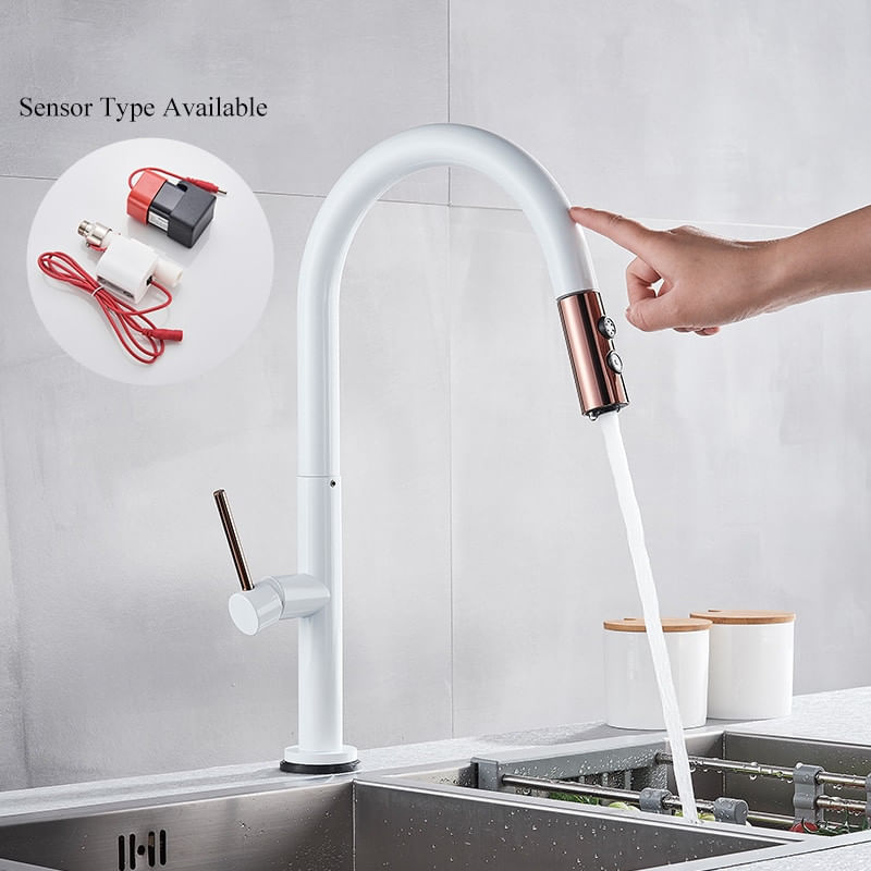 Casa si Gradina - Sanitare - Chiuveta bucatarie si accesorii - Baterii bucatarie - Baterie chiuveta bucatarie, Blackswan, Tip M213, cu senzor si doua moduri, model alb/ rose gold, dimensiune 42 cm - Infinity.ro