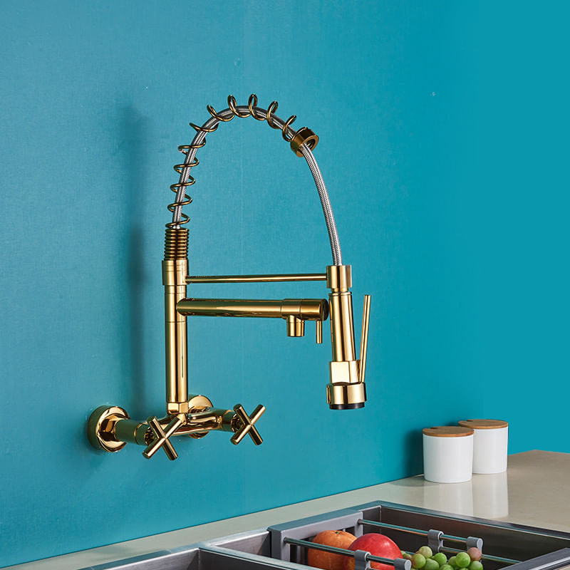 Casa si Gradina - Sanitare - Chiuveta bucatarie si accesorii - Baterii bucatarie - Baterie chiuveta bucatarie, Blackswan, Tip M291, model auriu lucios cu montare pe perete si 2 moduri, dimensiune 44 cm - Infinity.ro