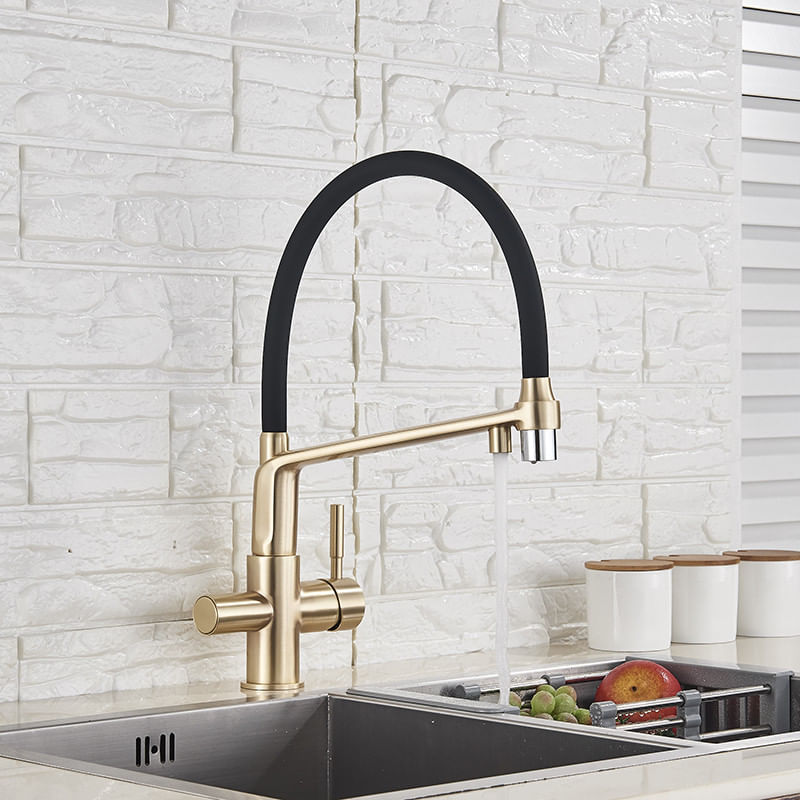 Casa si Gradina - Sanitare - Chiuveta bucatarie si accesorii - Baterii bucatarie - Baterie chiuveta bucatarie, Blackswan, Tip M21 cu iesire pentru apa purificata, model auriu, dimensiune 44 cm - Infinity.ro
