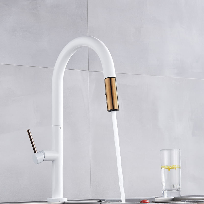 Casa si Gradina - Sanitare - Chiuveta bucatarie si accesorii - Baterii bucatarie - Baterie chiuveta bucatarie, Blackswan, Tip M211, cu doua moduri, model alb/ rose gold, dimensiune 42 cm - Infinity.ro