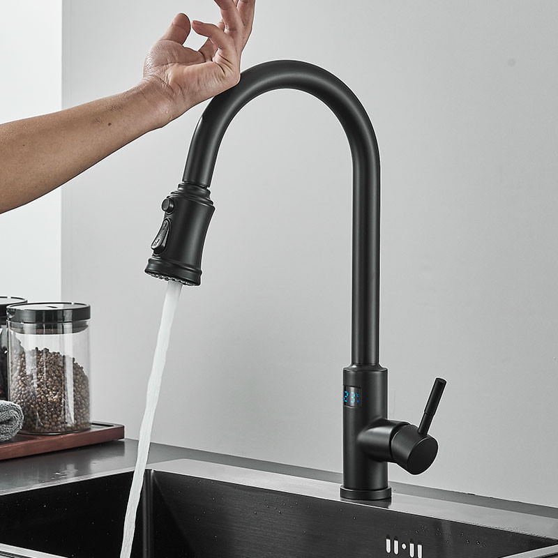 Casa si Gradina - Sanitare - Chiuveta bucatarie si accesorii - Baterii bucatarie - Baterie chiuveta bucatarie, Blackswan, Tip M324, model negru mat cu afisaj LCD, senzor si 3 moduri, dimensiune 44 cm - Infinity.ro