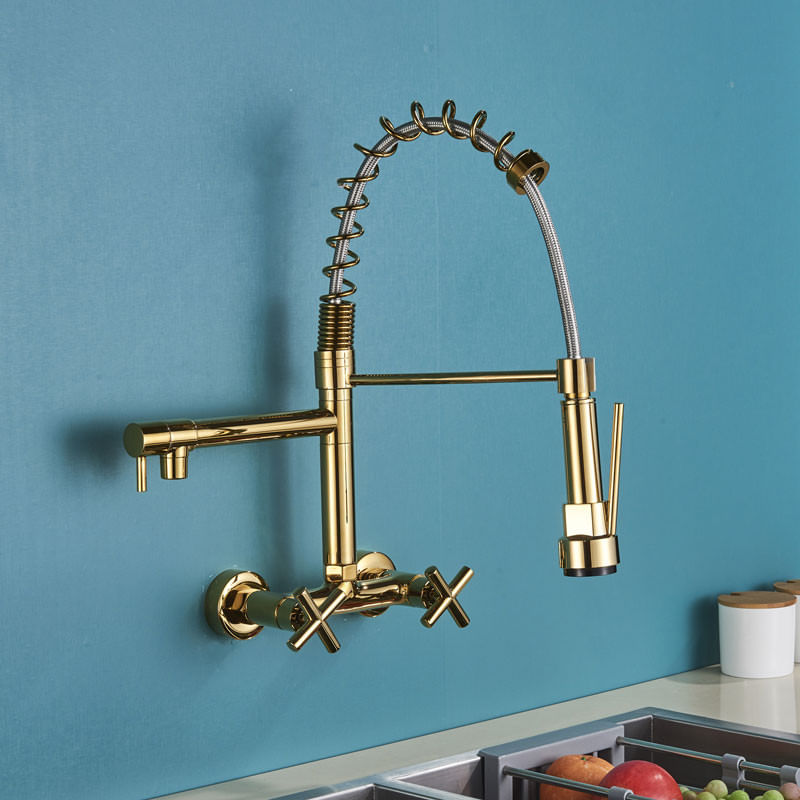 Casa si Gradina - Sanitare - Chiuveta bucatarie si accesorii - Baterii bucatarie - Baterie chiuveta bucatarie, Blackswan, Tip M291, model auriu lucios cu montare pe perete si 2 moduri, dimensiune 44 cm - Infinity.ro