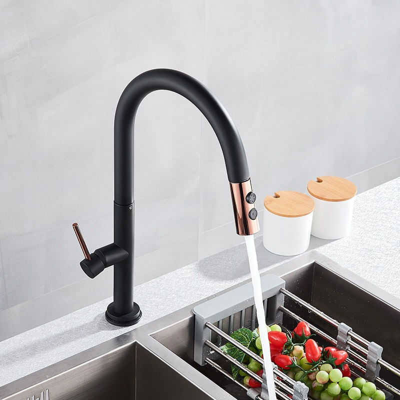 Casa si Gradina - Sanitare - Chiuveta bucatarie si accesorii - Baterii bucatarie - Baterie chiuveta bucatarie, Blackswan, Tip M214, cu senzor si doua moduri, model negru/ rose gold, dimensiune 42 cm - Infinity.ro