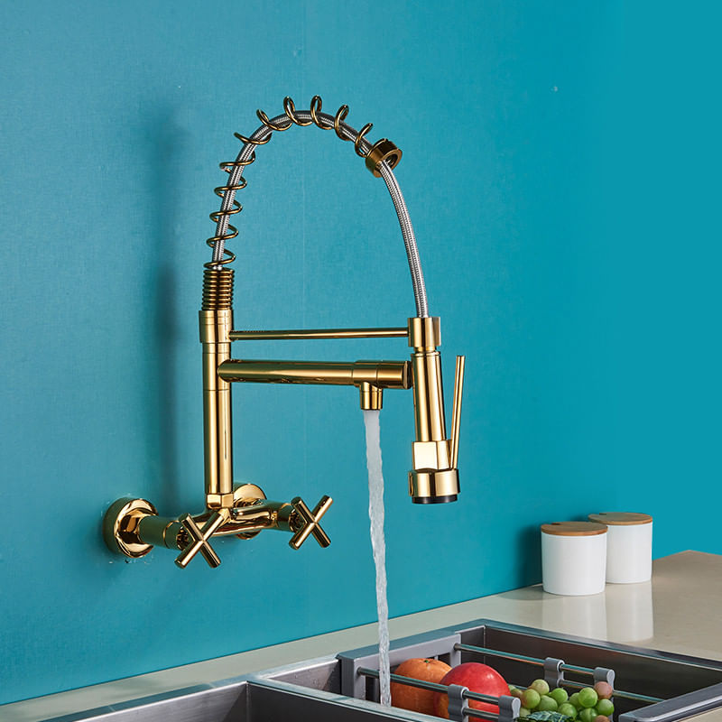 Casa si Gradina - Sanitare - Chiuveta bucatarie si accesorii - Baterii bucatarie - Baterie chiuveta bucatarie, Blackswan, Tip M291, model auriu lucios cu montare pe perete si 2 moduri, dimensiune 44 cm - Infinity.ro