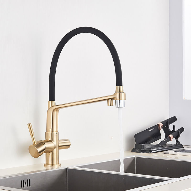 Casa si Gradina - Sanitare - Chiuveta bucatarie si accesorii - Baterii bucatarie - Baterie chiuveta bucatarie, Blackswan, Tip M21 cu iesire pentru apa purificata, model auriu, dimensiune 44 cm - Infinity.ro