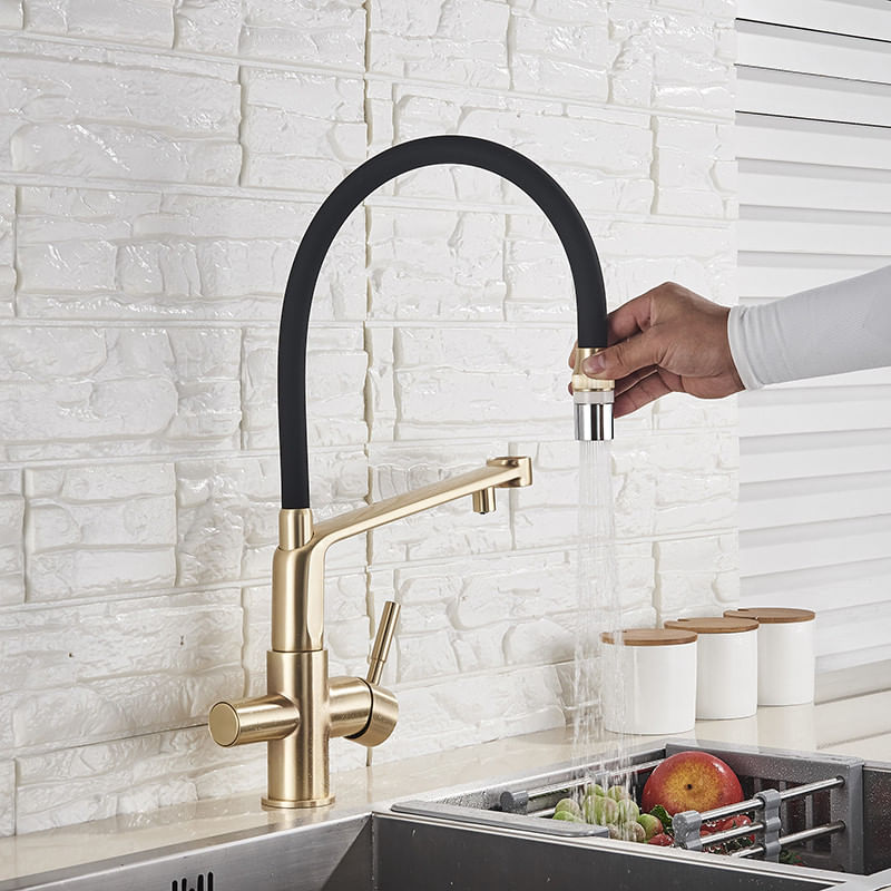Casa si Gradina - Sanitare - Chiuveta bucatarie si accesorii - Baterii bucatarie - Baterie chiuveta bucatarie, Blackswan, Tip M21 cu iesire pentru apa purificata, model auriu, dimensiune 44 cm - Infinity.ro