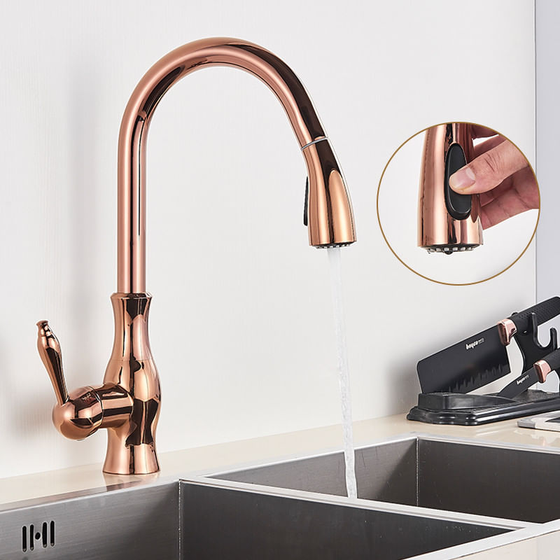 Casa si Gradina - Sanitare - Chiuveta bucatarie si accesorii - Baterii bucatarie - Baterie chiuveta bucatarie, Blackswan, Tip M352 cu 2 moduri, model auriu rose lucios, dimensiune 41 cm - Infinity.ro