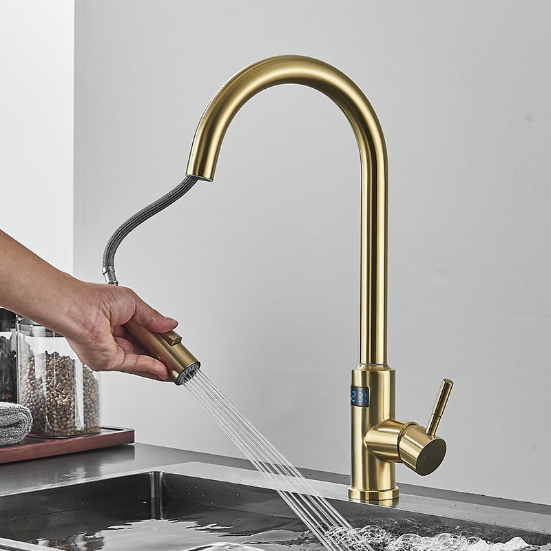 Casa si Gradina - Sanitare - Chiuveta bucatarie si accesorii - Baterii bucatarie - Baterie chiuveta bucatarie, Blackswan, Tip M277, cu senzor, afisaj LCD si 2 moduri, model auriu, dimensiune 44 cm - Infinity.ro