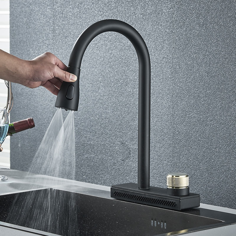 Casa si Gradina - Sanitare - Chiuveta bucatarie si accesorii - Baterii bucatarie - Baterie chiuveta bucatarie, Blackswan, Tip M296, cu 3 moduri si optiune Rainfall, model negru mat, dimensiune 41.5 cm - Infinity.ro