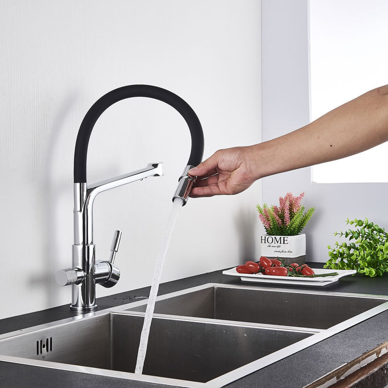 Casa si Gradina - Sanitare - Chiuveta bucatarie si accesorii - Baterii bucatarie - Baterie chiuveta bucatarie, Blackswan, Tip M16 cu iesire pentru apa purificata, model crom/ negru, dimensiune 45 cm - Infinity.ro