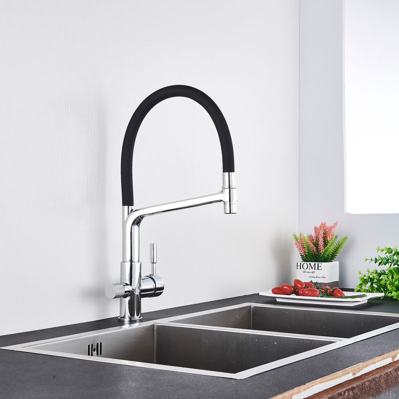 Casa si Gradina - Sanitare - Chiuveta bucatarie si accesorii - Baterii bucatarie - Baterie chiuveta bucatarie, Blackswan, Tip M16 cu iesire pentru apa purificata, model crom/ negru, dimensiune 45 cm - Infinity.ro