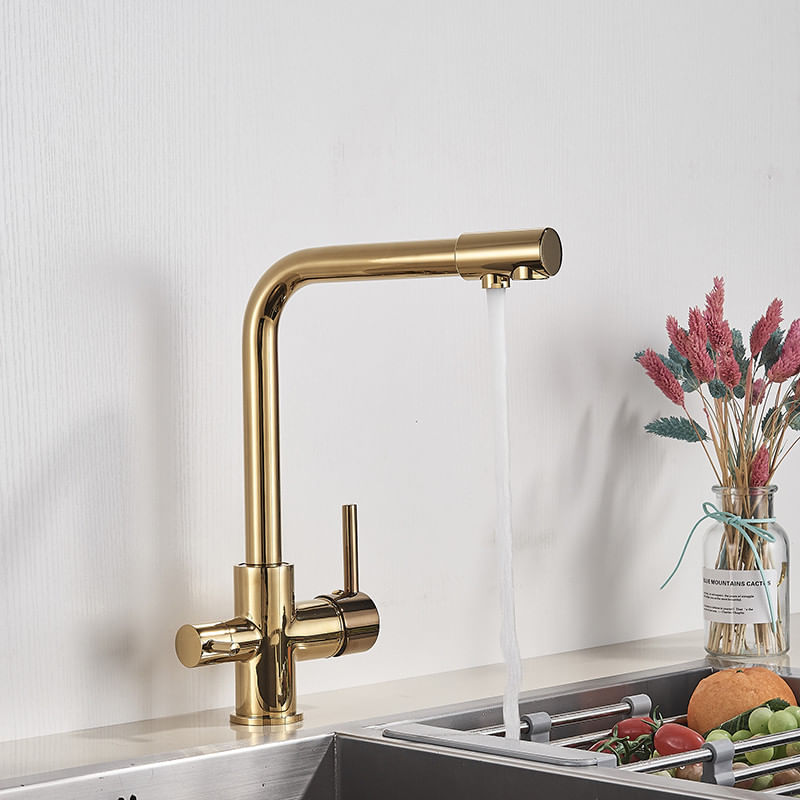 Casa si Gradina - Sanitare - Chiuveta bucatarie si accesorii - Baterii bucatarie - Baterie chiuveta bucatarie, Blackswan, Tip M5 cu iesire pentru apa purificata, model auriu, dimensiune 32 cm - Infinity.ro