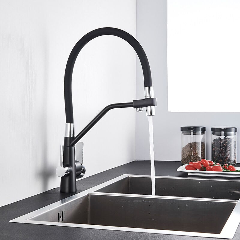 Casa si Gradina - Sanitare - Chiuveta bucatarie si accesorii - Baterii bucatarie - Baterie chiuveta bucatarie, Blackswan, Tip M49 cu iesire pentru apa purificata, model negru/ crom, dimensiune 43 cm - Infinity.ro