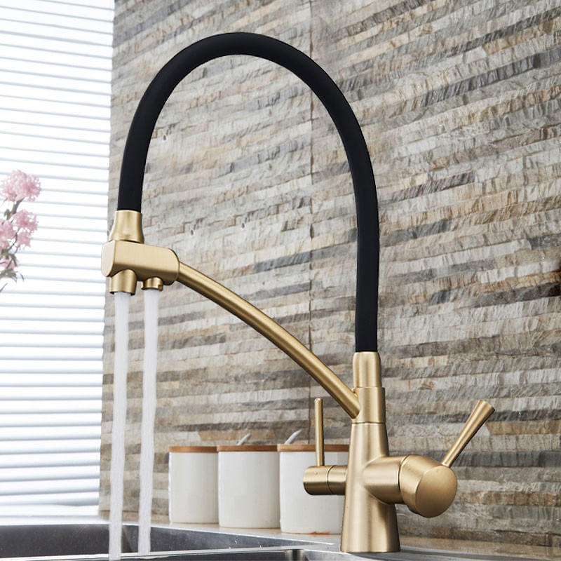 Casa si Gradina - Sanitare - Chiuveta bucatarie si accesorii - Baterii bucatarie - Baterie chiuveta bucatarie, Blackswan, Tip M57 cu iesire pentru apa purificata, model auriu mat/ negru, dimensiune 44 cm - Infinity.ro