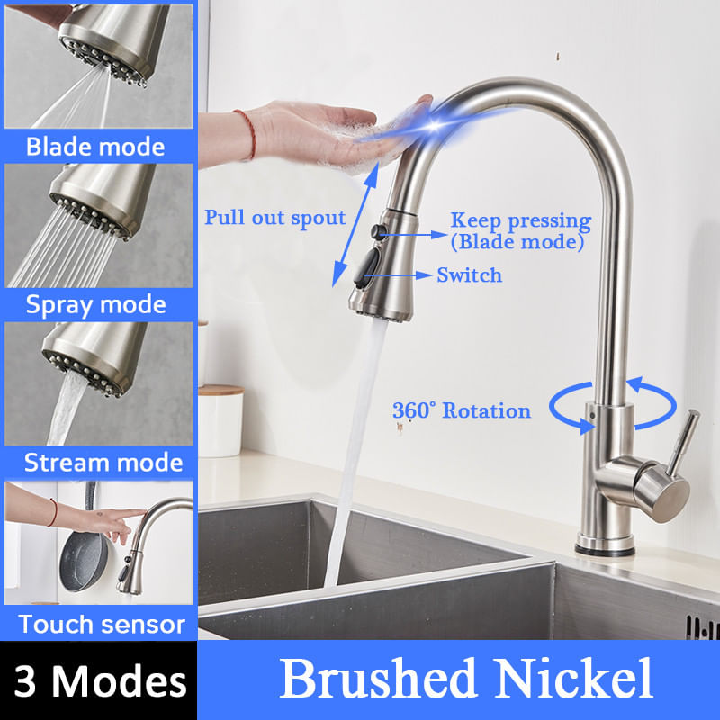 Casa si Gradina - Sanitare - Chiuveta bucatarie si accesorii - Baterii bucatarie - Baterie chiuveta bucatarie, Blackswan, Tip M84 cu senzor si 3 moduri, model nichel, dimensiune 42 cm - Infinity.ro