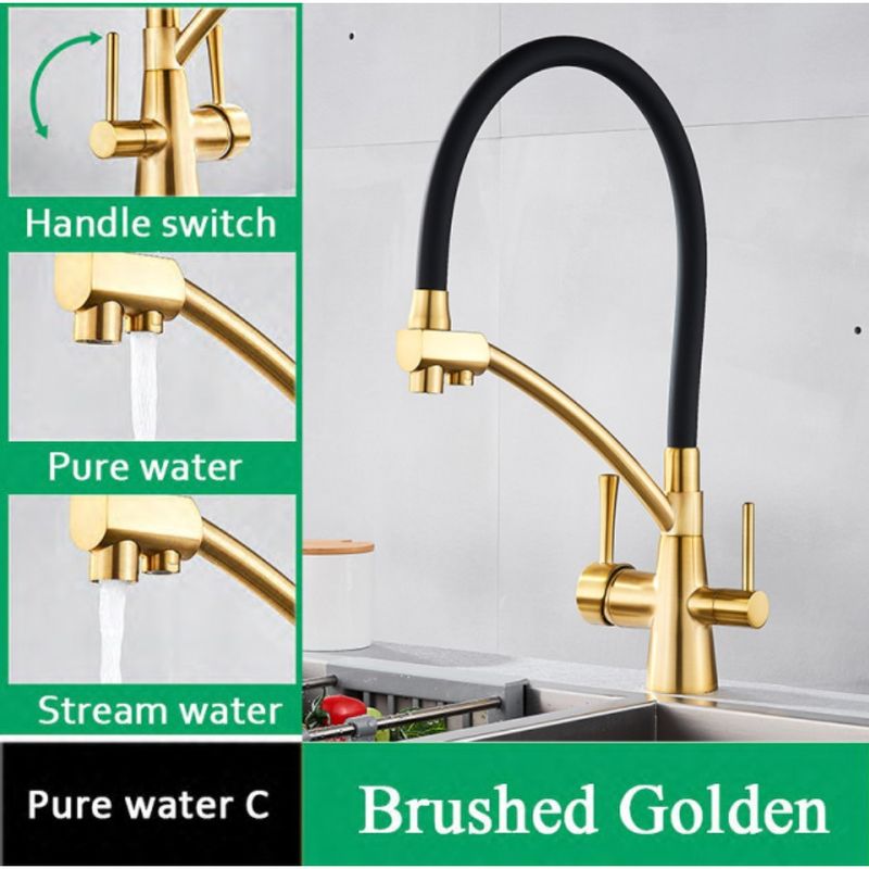 Casa si Gradina - Sanitare - Chiuveta bucatarie si accesorii - Baterii bucatarie - Baterie chiuveta bucatarie, Blackswan, Tip M57 cu iesire pentru apa purificata, model auriu mat/ negru, dimensiune 44 cm - Infinity.ro