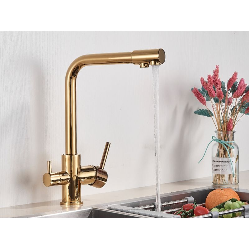 Casa si Gradina - Sanitare - Chiuveta bucatarie si accesorii - Baterii bucatarie - Baterie chiuveta bucatarie, Blackswan, Tip M5 cu iesire pentru apa purificata, model auriu, dimensiune 32 cm - Infinity.ro