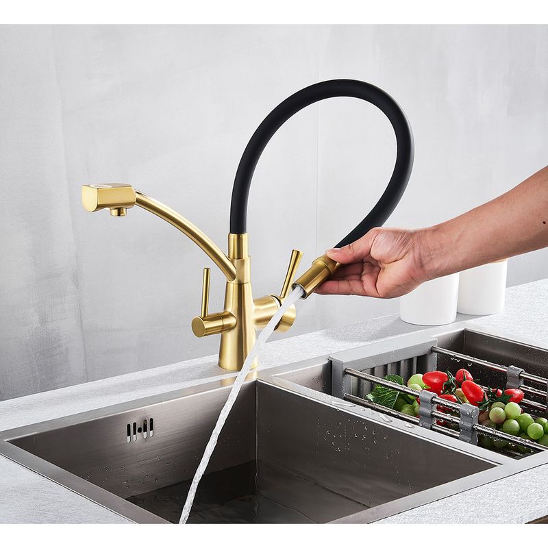 Casa si Gradina - Sanitare - Chiuveta bucatarie si accesorii - Baterii bucatarie - Baterie chiuveta bucatarie, Blackswan, Tip M57 cu iesire pentru apa purificata, model auriu mat/ negru, dimensiune 44 cm - Infinity.ro